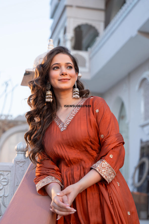 Embroidered Malmal Chanderi Flared Kurti With Pant And Dupatta-ISKWSU26037659