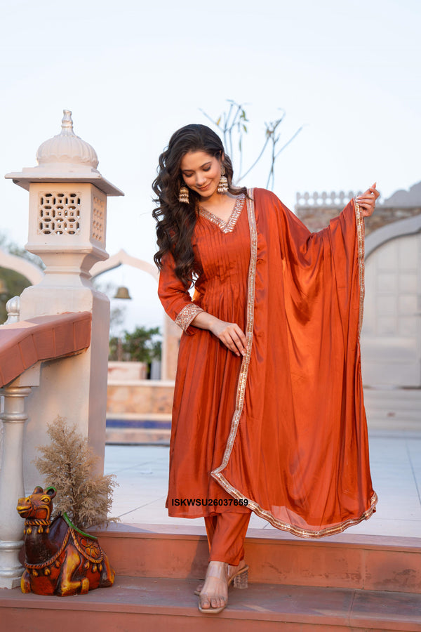 Embroidered Malmal Chanderi Flared Kurti With Pant And Dupatta-ISKWSU26037659
