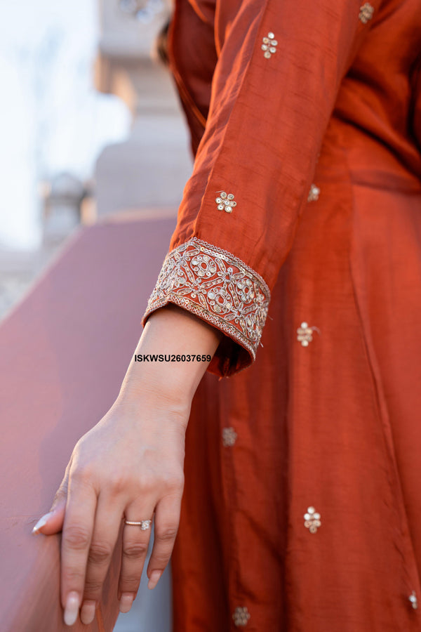 Embroidered Malmal Chanderi Flared Kurti With Pant And Dupatta-ISKWSU26037659