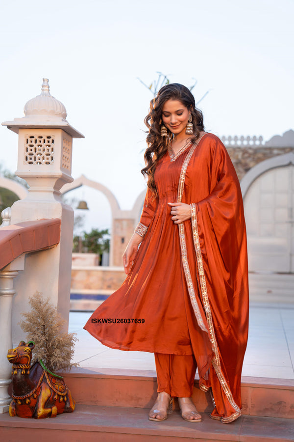 Embroidered Malmal Chanderi Flared Kurti With Pant And Dupatta-ISKWSU26037659