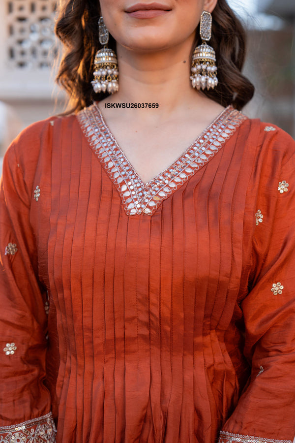 Embroidered Malmal Chanderi Flared Kurti With Pant And Dupatta-ISKWSU26037659