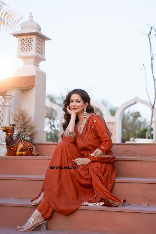 Embroidered Malmal Chanderi Flared Kurti With Pant And Dupatta-ISKWSU26037659