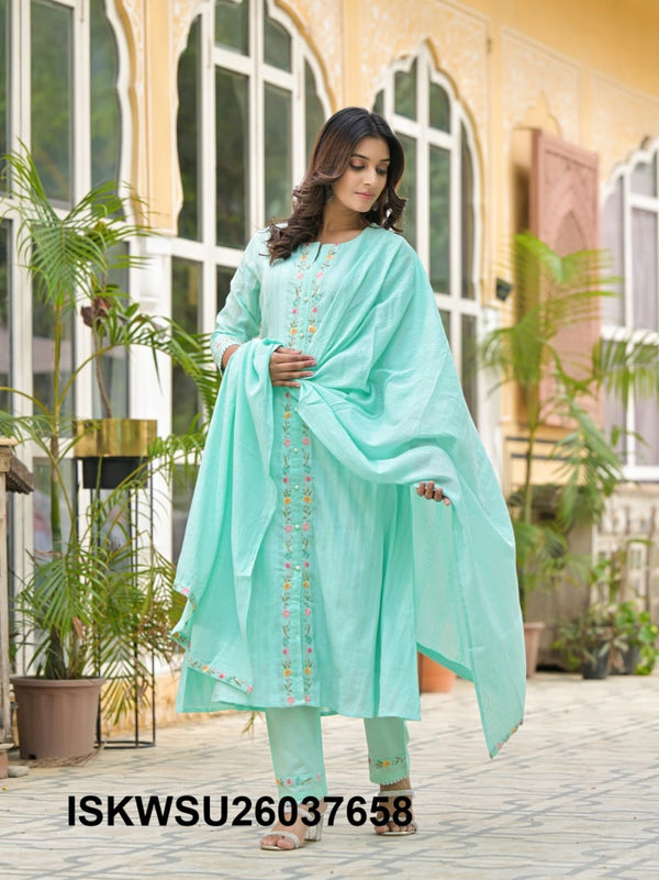 Embroidered Cotton Kurti With Pant And Dupatta-ISKWSU26037658