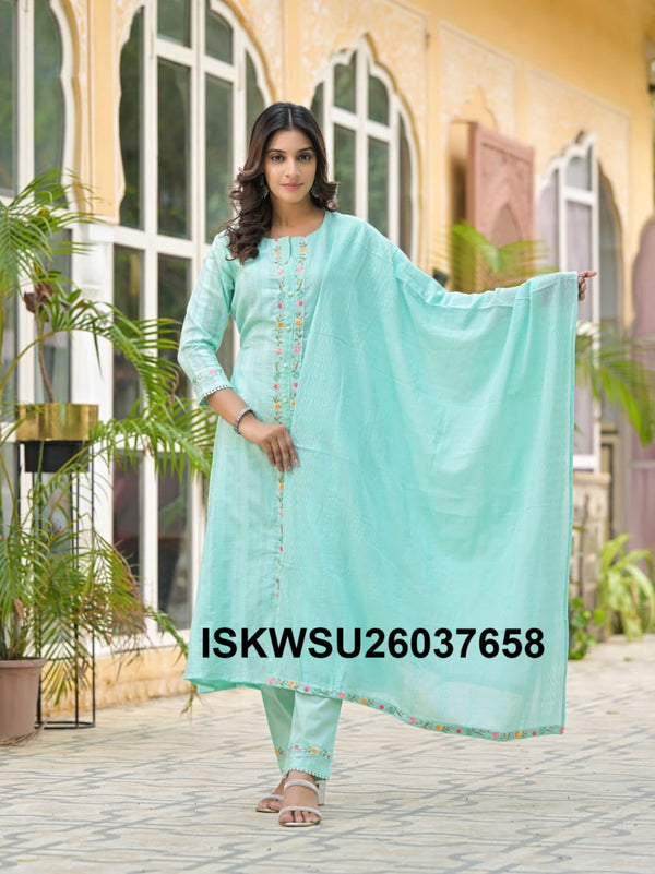 Embroidered Cotton Kurti With Pant And Dupatta-ISKWSU26037658
