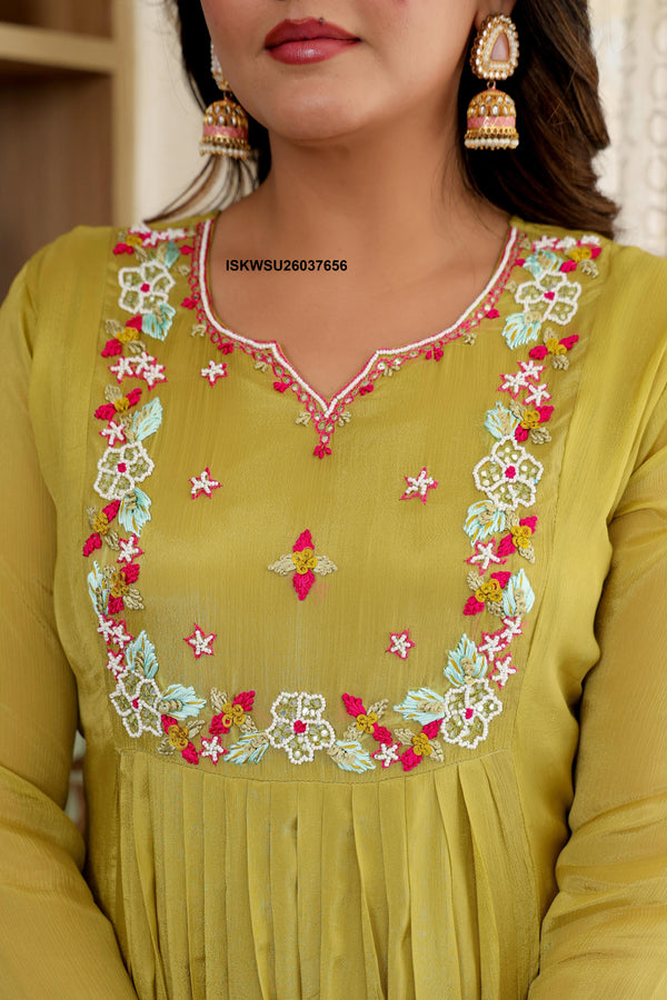 Embroidered Chinon Anarkali Kurti With Pant And Dupatta-ISKWSU26037656