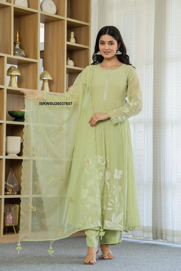 Embroidered Malmal Chanderi Anarkali Kurti With Pant And Organza Dupatta-ISKWSU26037657