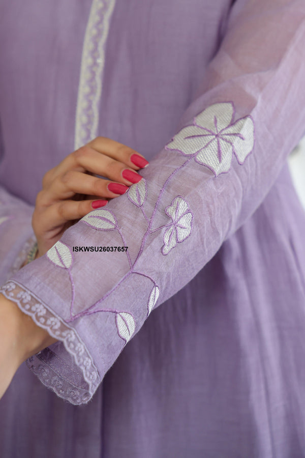 Embroidered Malmal Chanderi Anarkali Kurti With Pant And Organza Dupatta-ISKWSU26037657