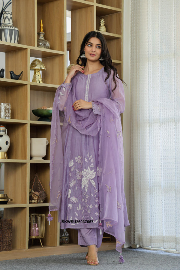 Embroidered Malmal Chanderi Anarkali Kurti With Pant And Organza Dupatta-ISKWSU26037657