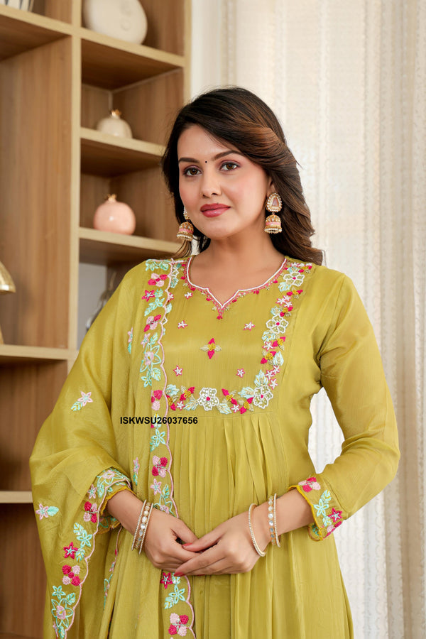 Embroidered Chinon Anarkali Kurti With Pant And Dupatta-ISKWSU26037656