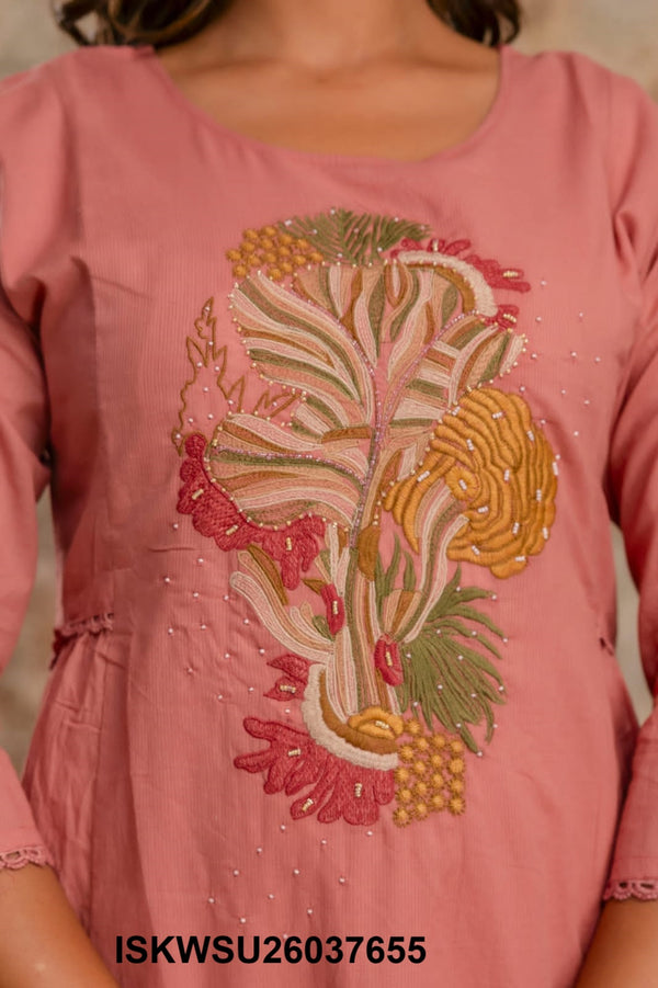 Embroidered Cotton A-Line Kurti With Pant And Dupatta-ISKWSU26037655