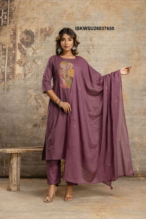 Embroidered Cotton A-Line Kurti With Pant And Dupatta-ISKWSU26037655