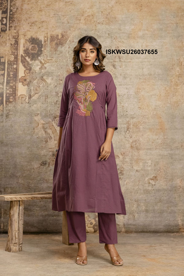 Embroidered Cotton A-Line Kurti With Pant And Dupatta-ISKWSU26037655