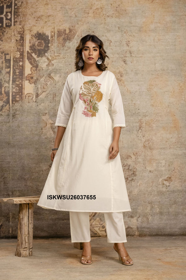 Embroidered Cotton A-Line Kurti With Pant And Dupatta-ISKWSU26037655