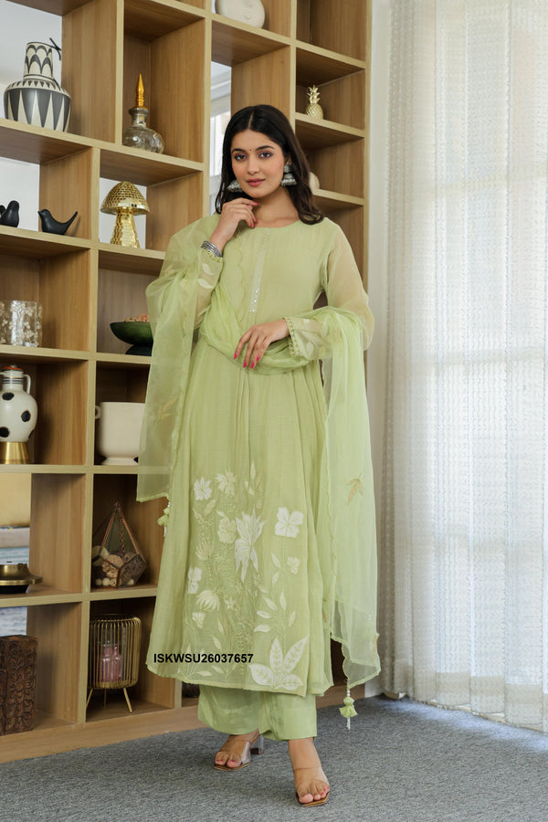 Embroidered Malmal Chanderi Anarkali Kurti With Pant And Organza Dupatta-ISKWSU26037657