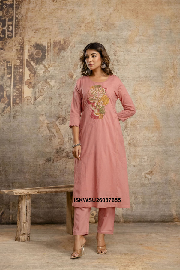 Embroidered Cotton A-Line Kurti With Pant And Dupatta-ISKWSU26037655