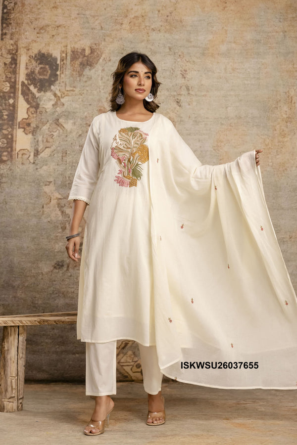Embroidered Cotton A-Line Kurti With Pant And Dupatta-ISKWSU26037655