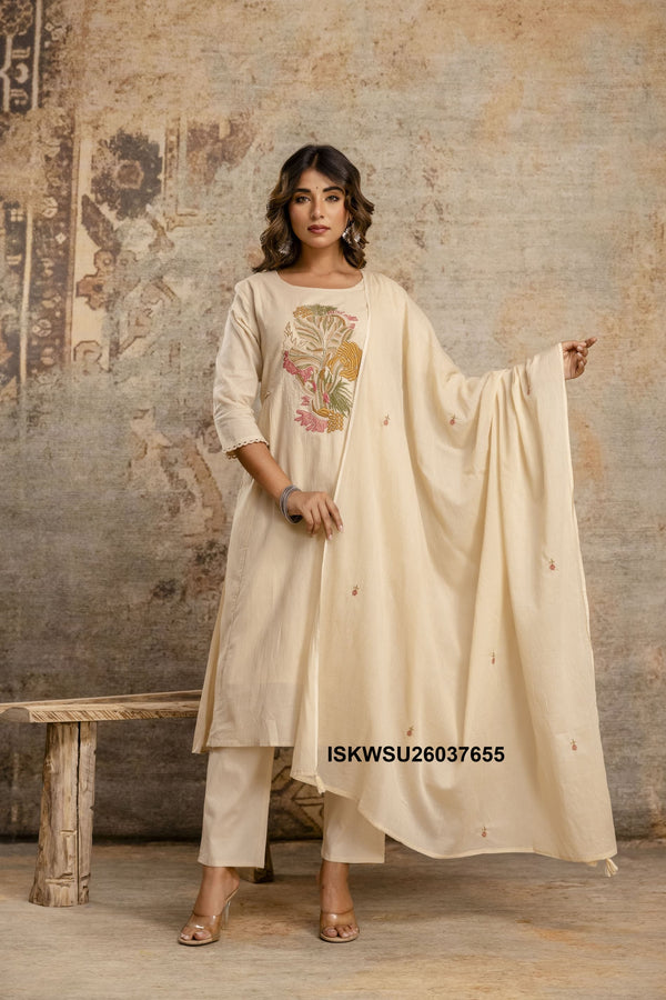 Embroidered Cotton A-Line Kurti With Pant And Dupatta-ISKWSU26037655