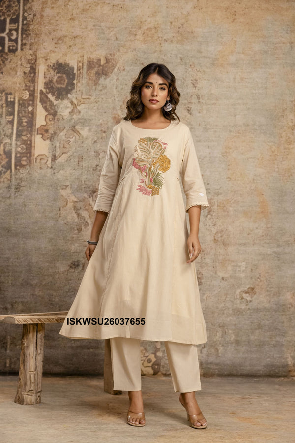 Embroidered Cotton A-Line Kurti With Pant And Dupatta-ISKWSU26037655