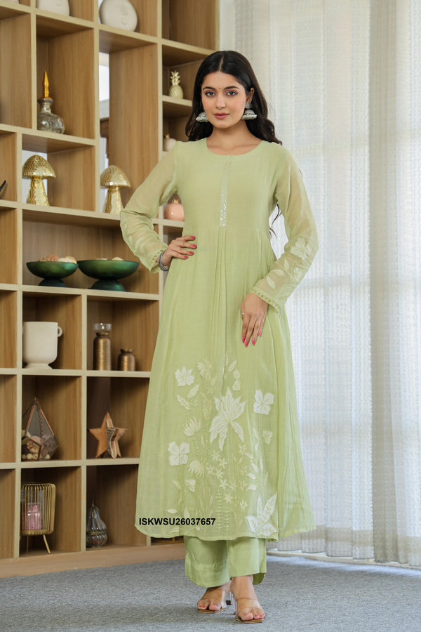 Embroidered Malmal Chanderi Anarkali Kurti With Pant And Organza Dupatta-ISKWSU26037657