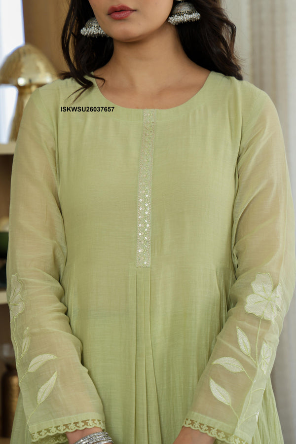 Embroidered Malmal Chanderi Anarkali Kurti With Pant And Organza Dupatta-ISKWSU26037657
