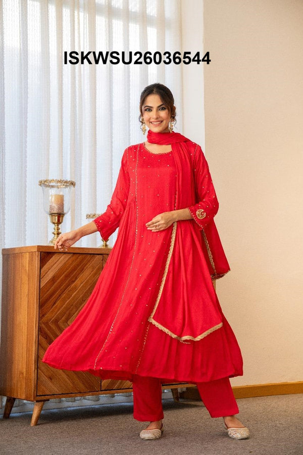 Embroidered Chinon Anarkali Kurti With Pant And Dupatta-ISKWSU26036544