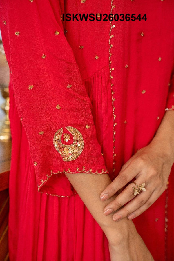 Embroidered Chinon Anarkali Kurti With Pant And Dupatta-ISKWSU26036544