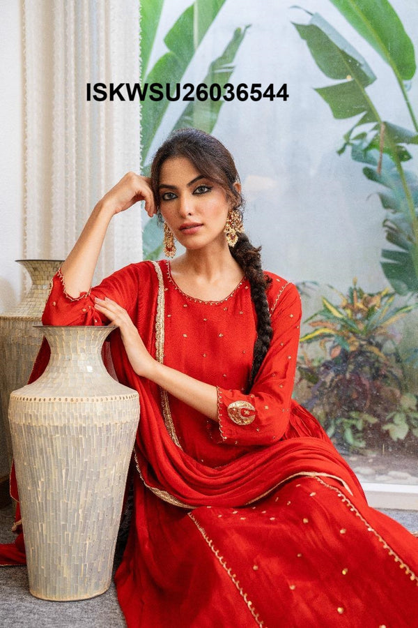 Embroidered Chinon Anarkali Kurti With Pant And Dupatta-ISKWSU26036544