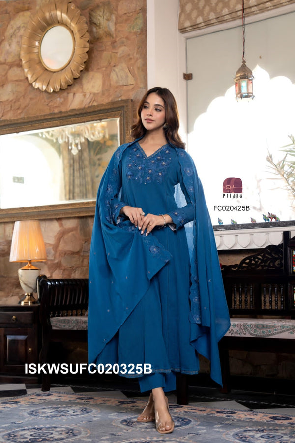 Embroidered Cotton Flared Kurti With Pant And Dupatta-ISKWSUFC020325B/FC020325R