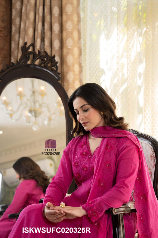 Embroidered Cotton Flared Kurti With Pant And Dupatta-ISKWSUFC020325B/FC020325R