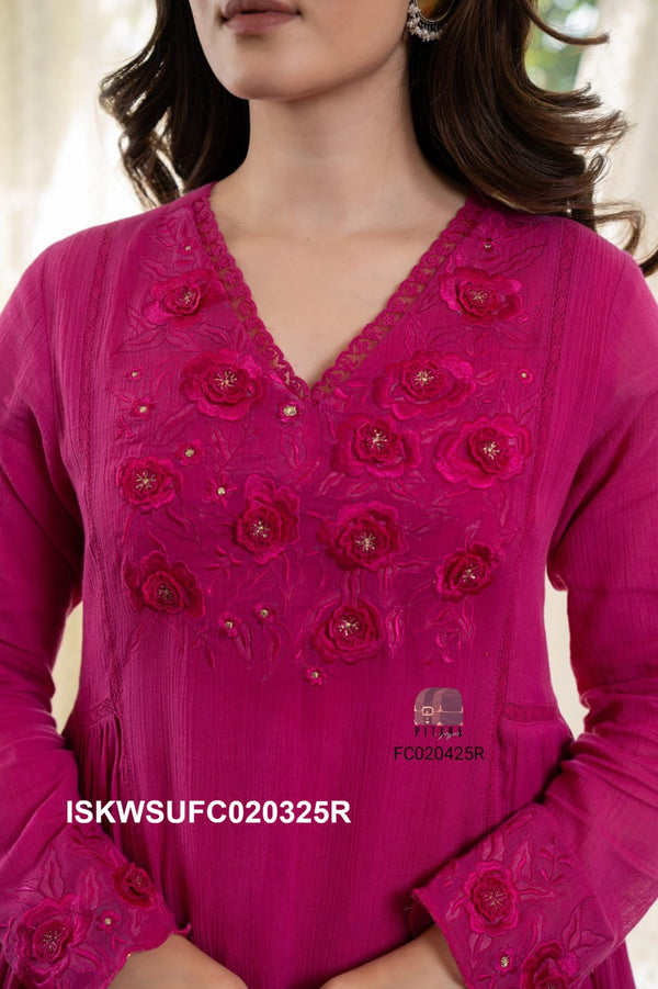 Embroidered Cotton Flared Kurti With Pant And Dupatta-ISKWSUFC020325B/FC020325R