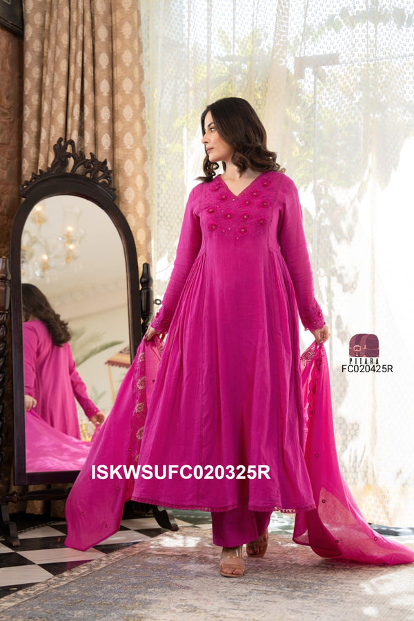 Embroidered Cotton Flared Kurti With Pant And Dupatta-ISKWSUFC020325B/FC020325R
