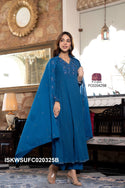 Embroidered Cotton Flared Kurti With Pant And Dupatta-ISKWSUFC020325B/FC020325R