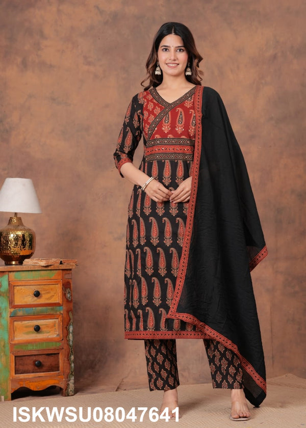 Bagru Printed Cotton Kurti With Pant And Dupatta-ISKWSU08047641