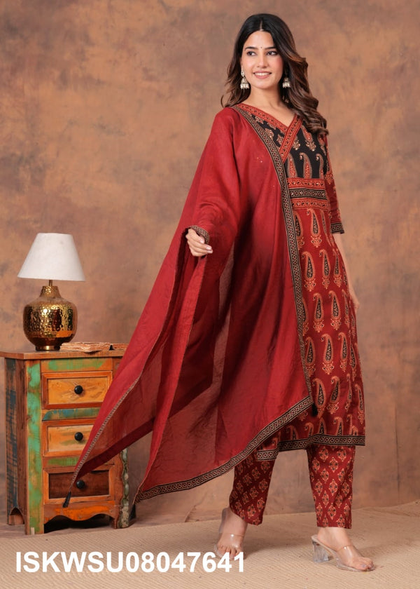 Bagru Printed Cotton Kurti With Pant And Dupatta-ISKWSU08047641