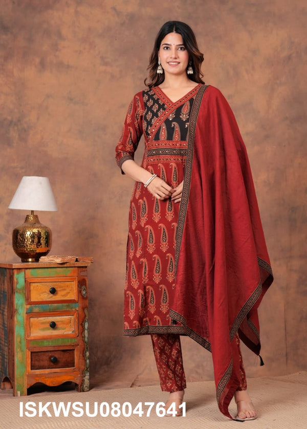 Bagru Printed Cotton Kurti With Pant And Dupatta-ISKWSU08047641