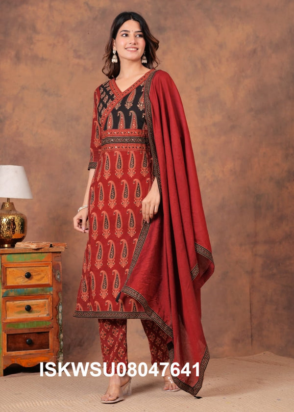 Bagru Printed Cotton Kurti With Pant And Dupatta-ISKWSU08047641