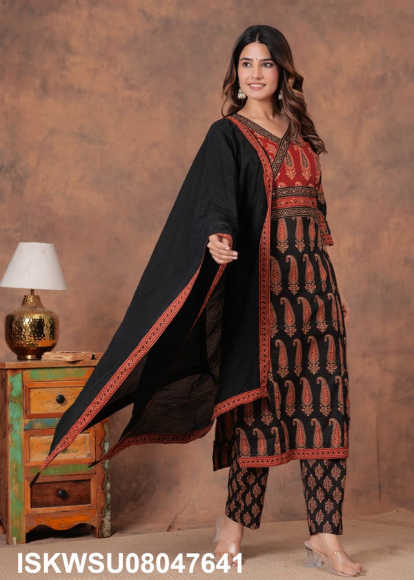 Bagru Printed Cotton Kurti With Pant And Dupatta-ISKWSU08047641