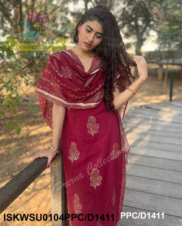 Hand Block Printed Cotton Kurti With Pant And Kota Doriya Dupatta-ISKWSU0104PPC/D1411