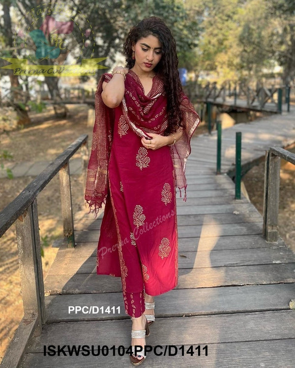 Hand Block Printed Cotton Kurti With Pant And Kota Doriya Dupatta-ISKWSU0104PPC/D1411