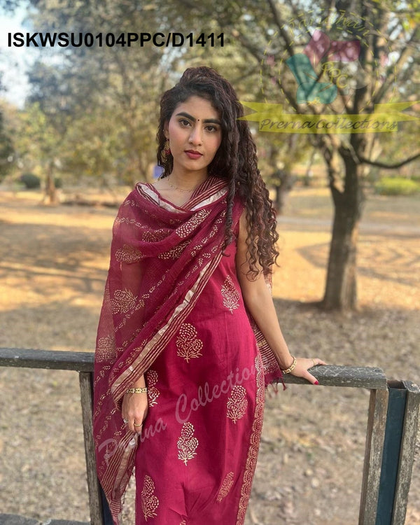 Hand Block Printed Cotton Kurti With Pant And Kota Doriya Dupatta-ISKWSU0104PPC/D1411