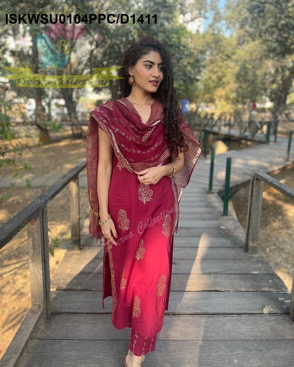 Hand Block Printed Cotton Kurti With Pant And Kota Doriya Dupatta-ISKWSU0104PPC/D1411