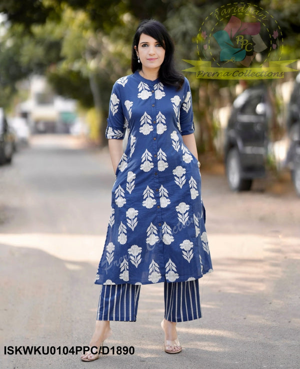 Block Printed Cotton Princess Cut A-Line Kurti With Striped Printed Pant-ISKWKU0104PPC/D1890