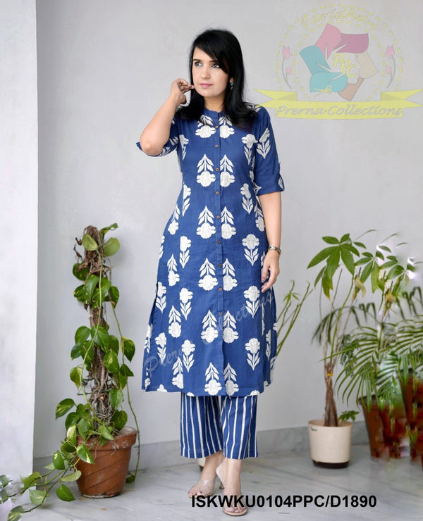 Block Printed Cotton Princess Cut A-Line Kurti With Striped Printed Pant-ISKWKU0104PPC/D1890