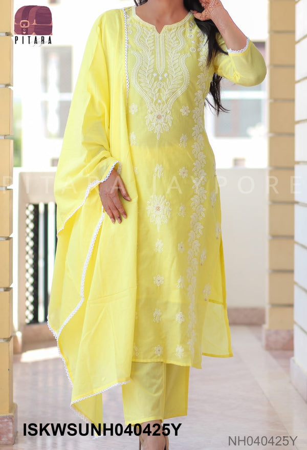Chikankari Malmal Cotton Kurti With Cotton Pant And Dupatta-ISKWSUNH040425S/NH040425P/NH040425Y