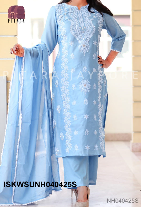 Chikankari Malmal Cotton Kurti With Cotton Pant And Dupatta-ISKWSUNH040425S/NH040425P/NH040425Y
