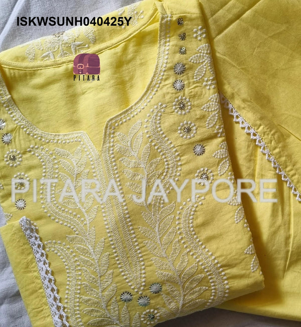 Chikankari Malmal Cotton Kurti With Cotton Pant And Dupatta-ISKWSUNH040425S/NH040425P/NH040425Y
