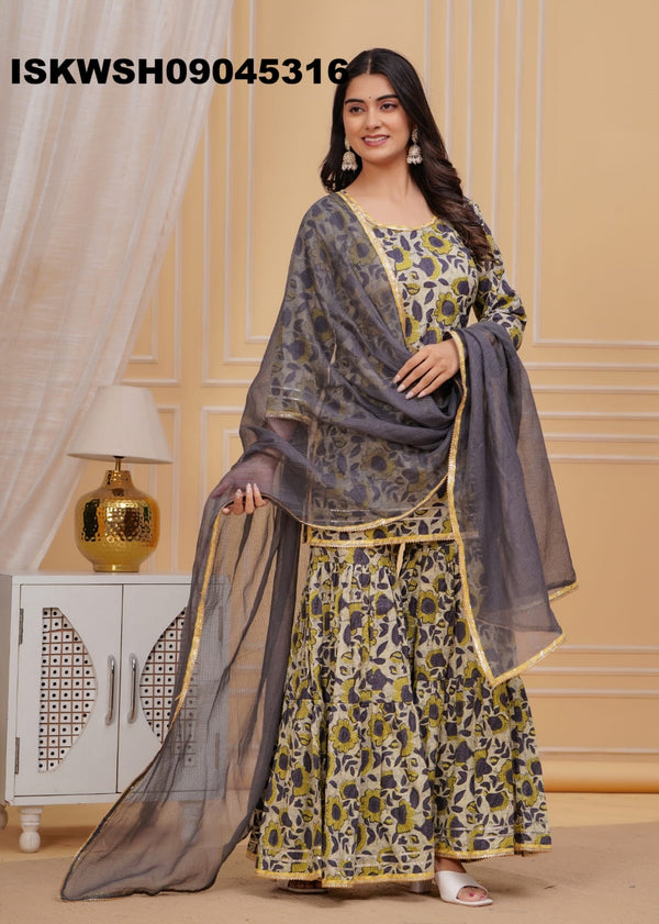 Hand Block Printed Cotton Kurti With Sharara And Kota Doriya Dupatta-ISKWSH09045316