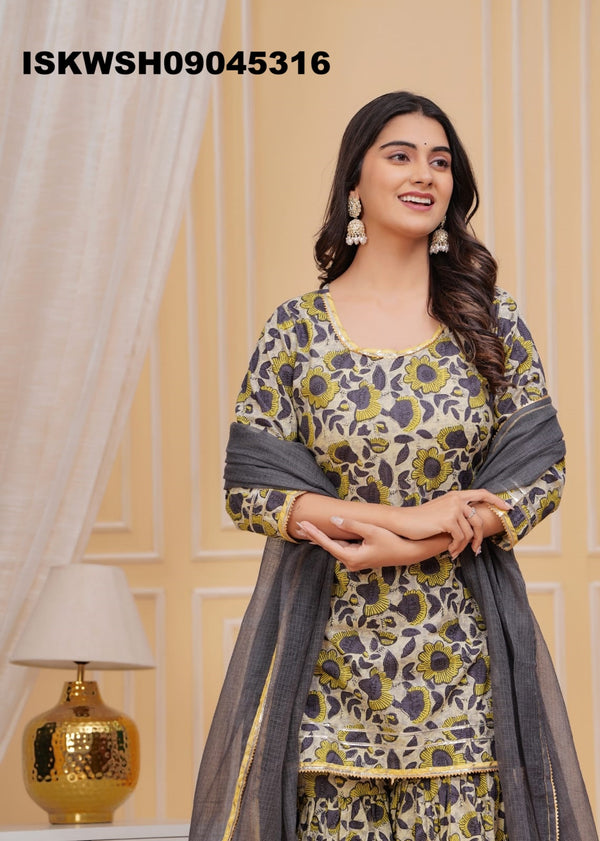 Hand Block Printed Cotton Kurti With Sharara And Kota Doriya Dupatta-ISKWSH09045316