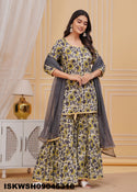 Hand Block Printed Cotton Kurti With Sharara And Kota Doriya Dupatta-ISKWSH09045316
