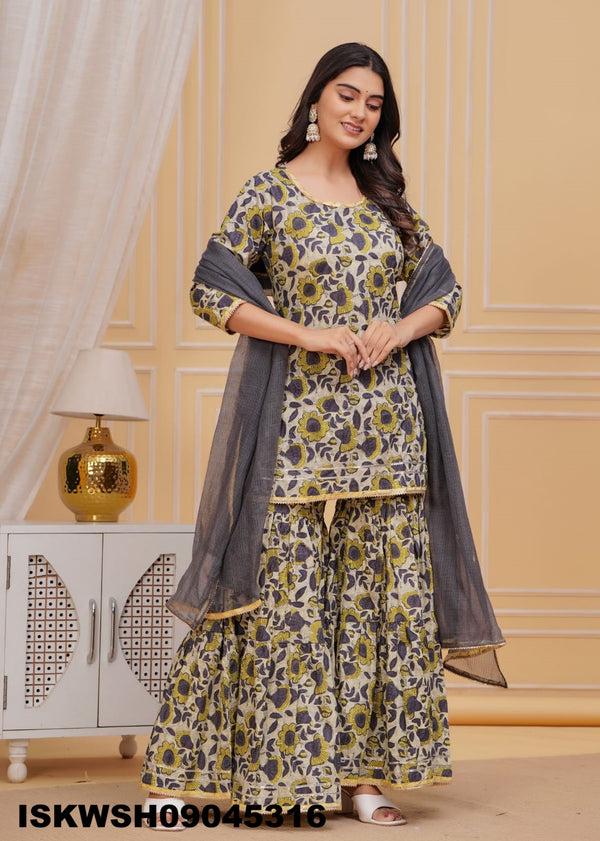 Hand Block Printed Cotton Kurti With Sharara And Kota Doriya Dupatta-ISKWSH09045316